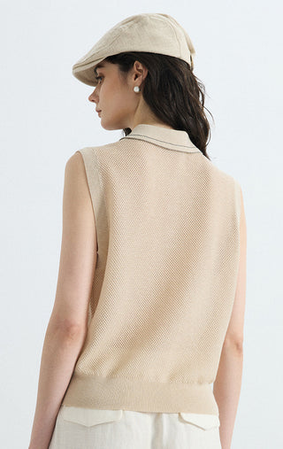 Beige mesh knit polo vest, sleeveless back with ribbed hem detail