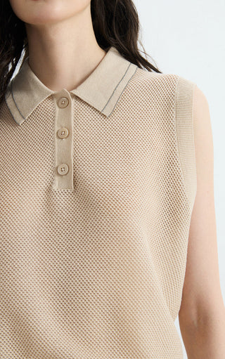 Beige mesh knit polo vest close-up: pointed collar and button placket
