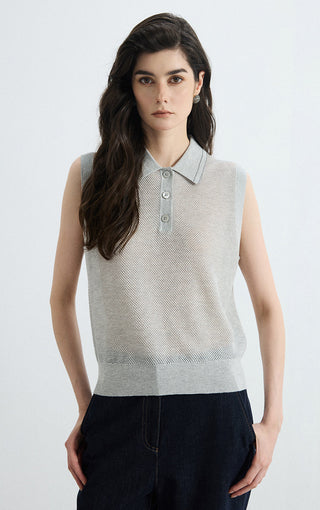 Gray sleeveless polo vest in mesh knit with button placket and ribbed hem