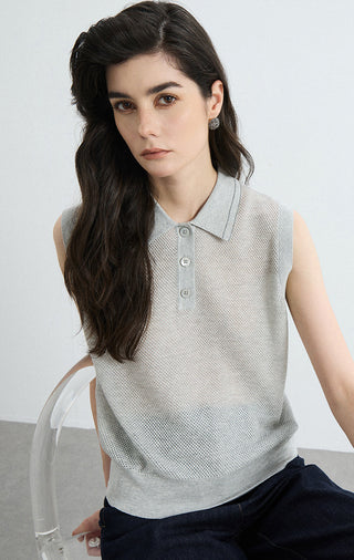 Gray mesh knit polo vest close-up with pointed collar and button placket
