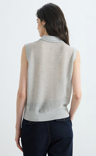 Gray mesh knit polo vest, sleeveless back view with ribbed waistband