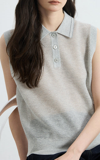 Gray mesh knit polo vest close-up: collar and vertical button placket