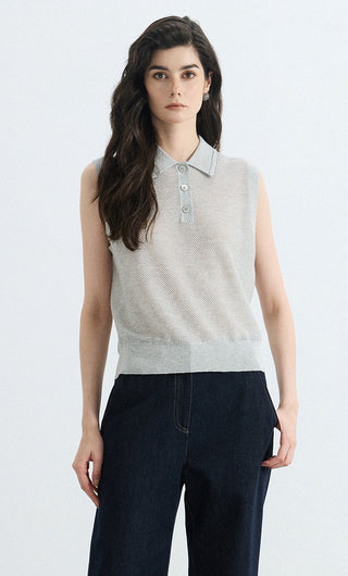 Gray mesh knit polo vest, sleeveless with 3-button placket and pointed collar