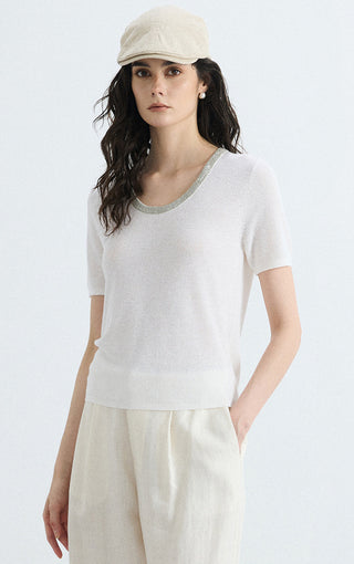 Ivory linen-silk knit top with silver trim at crew neck, short sleeves