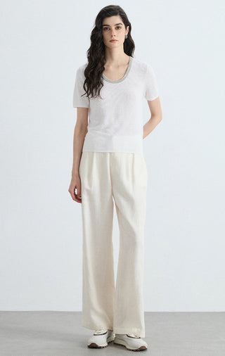 Ivory linen-silk knit top with short sleeves and silver-trim crew neckline