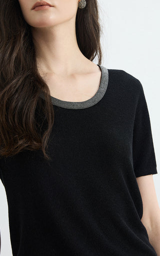 Close-up of black knit top with silver-trim crew neckline