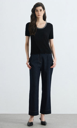 Full view black knit top with silver-trim crew neck and short sleeves