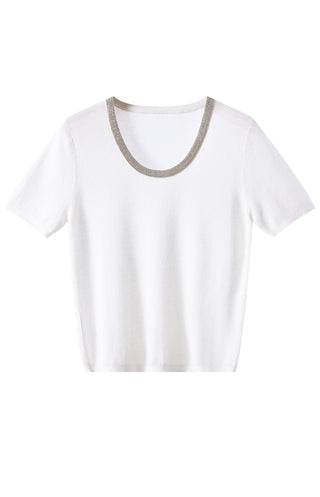 Linen-Silk Blend  Knit Top with Silver Trim
