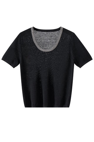 Linen-Silk Blend  Knit Top with Silver Trim