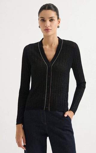Wool Blend V-Neck Ribbed Knit Cardigan