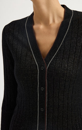 Wool Blend V-Neck Ribbed Knit Cardigan