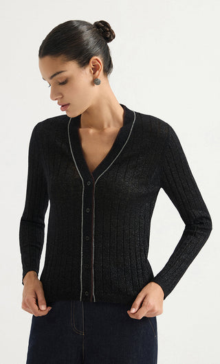 Wool Blend V-Neck Ribbed Knit Cardigan