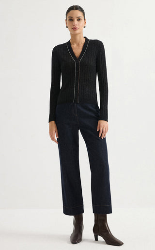 Wool Blend V-Neck Ribbed Knit Cardigan