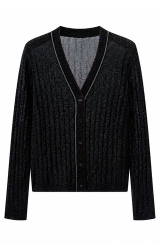 Wool-blend v-neck ribbed knit cardigan, black, button-front long sleeves