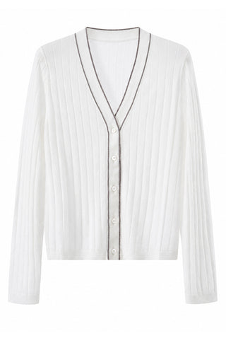 Wool-blend v-neck ribbed knit cardigan, white, button-front long sleeves