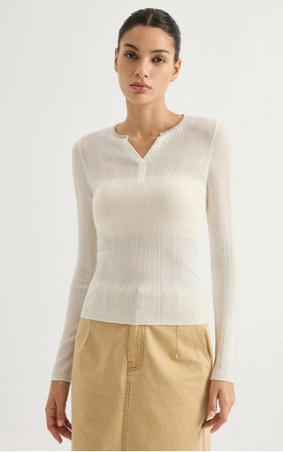 Wool Blend Split-Neck Metallic Knit Top