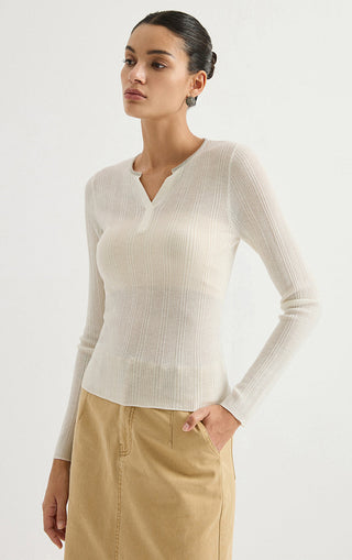 Wool Blend Split-Neck Metallic Knit Top