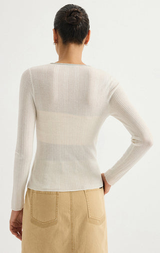 Wool Blend Split-Neck Metallic Knit Top