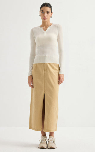 Wool Blend Split-Neck Metallic Knit Top