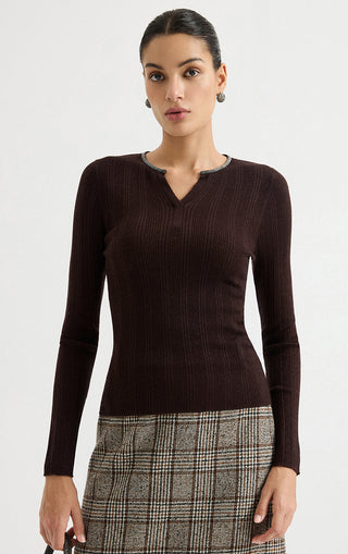 Wool Blend Split-Neck Metallic Knit Top