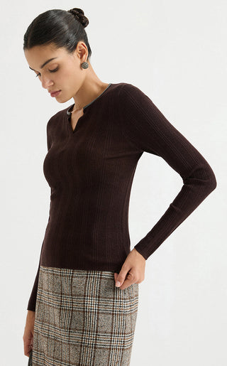 Wool Blend Split-Neck Metallic Knit Top