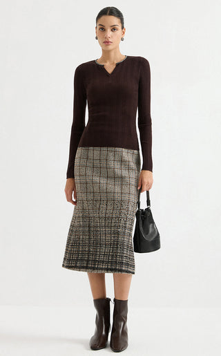 Wool Blend Split-Neck Metallic Knit Top