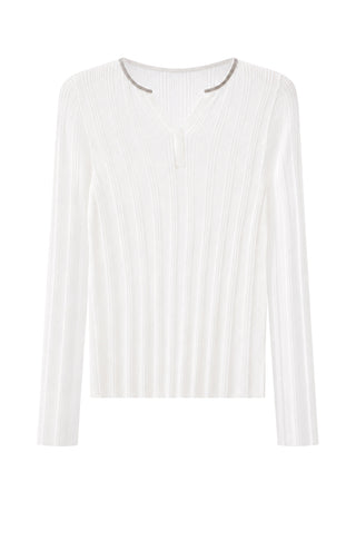 Wool Blend Split-Neck Metallic Knit Top