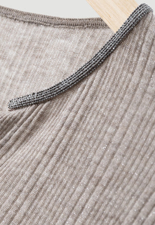 Wool Blend Split-Neck Metallic Knit Top