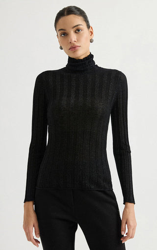 Black ribbed wool-blend turtleneck knit top, long sleeves, fitted