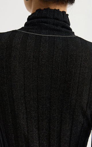 Black ribbed turtleneck knit top detail, high collar and vertical ribs