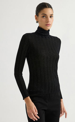 Black ribbed turtleneck knit top with long sleeves and slim fit