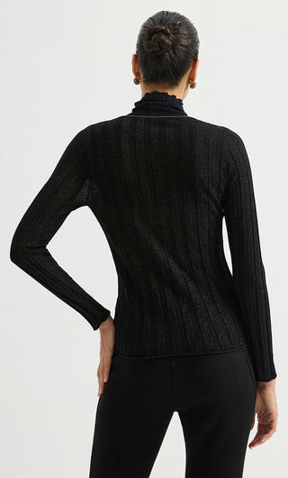 Black ribbed turtleneck knit top, long sleeves, slim back view