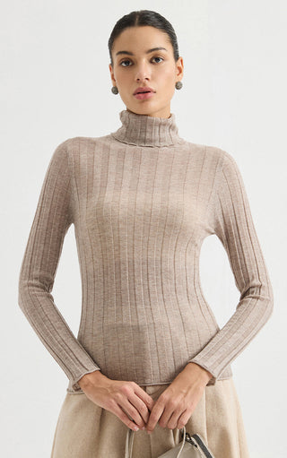 Taupe ribbed wool-blend turtleneck knit top with long sleeves, fitted