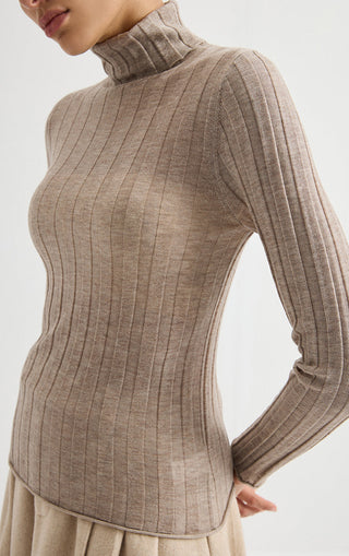 Taupe ribbed turtleneck knit top with textured vertical stripes and high neck