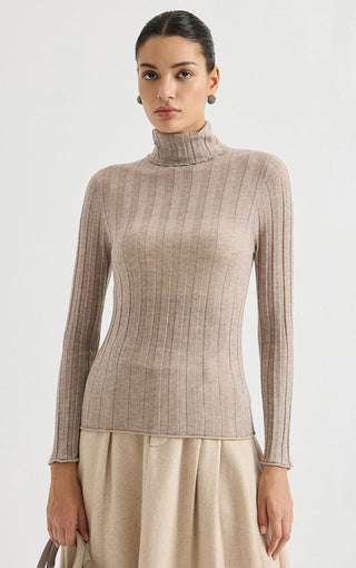 Taupe ribbed turtleneck knit top with high collar, long sleeves, slim fit