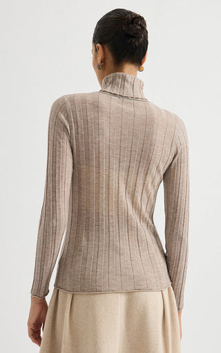 Taupe ribbed turtleneck knit top, long sleeves, high collar from behind