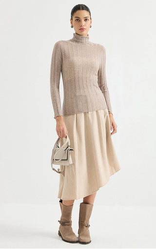 Taupe ribbed turtleneck knit top with long sleeves and high neck