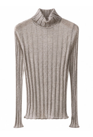 Taupe ribbed turtleneck knit top with long sleeves and close-fitting fit