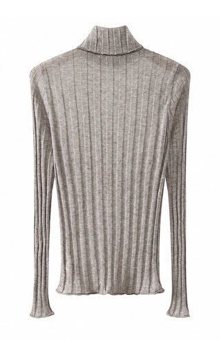 Light grey ribbed turtleneck knit top with long sleeves and ribbed high collar