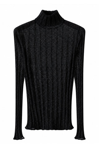 Black ribbed turtleneck knit top with long sleeves and high neck collar