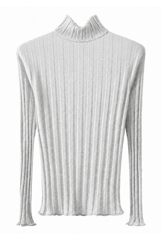 Light grey ribbed turtleneck knit top with long sleeves and fitted silhouette