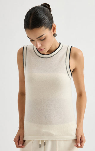 Cream sleeveless knit top with dark contrast trim around round neckline