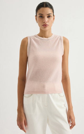 Light pink sleeveless cashmere knit top with contrast trim at round neckline
