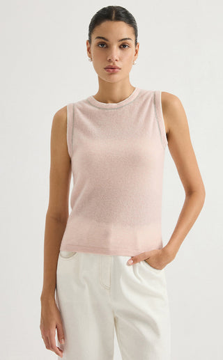 Light pink sleeveless knit top with contrast trim at round neckline