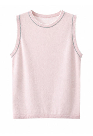 Light pink cashmere sleeveless knit top with contrast trim around neck and armholes