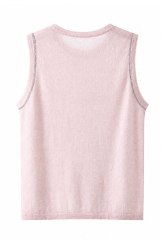 Light pink cashmere sleeveless knit top with contrast trim, back view