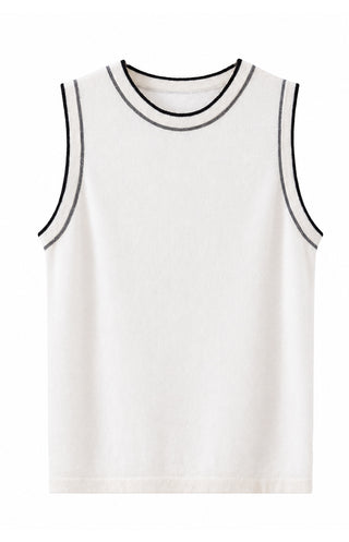 White cashmere sleeveless knit top with contrast trim at neckline and armholes