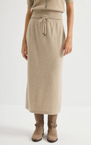 Cashmere Drawstring Midi Skirt – Camel – front skirt view