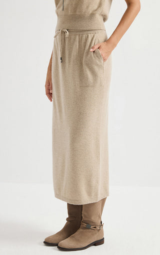 Cashmere Drawstring Midi Skirt – Camel – side skirt view