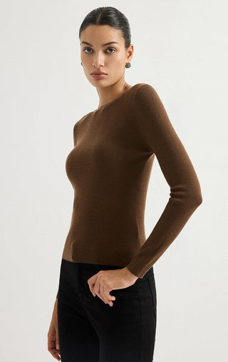 Crew Neck Ribbed Wool Knit Top